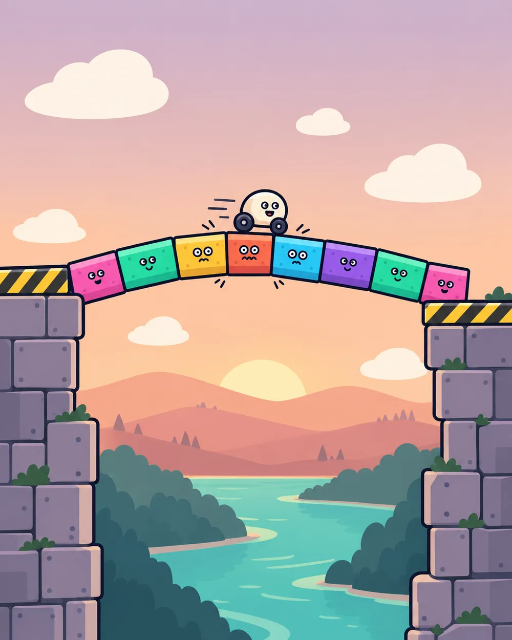 Concept art: a bridge of face-blocks with a little cart crossing