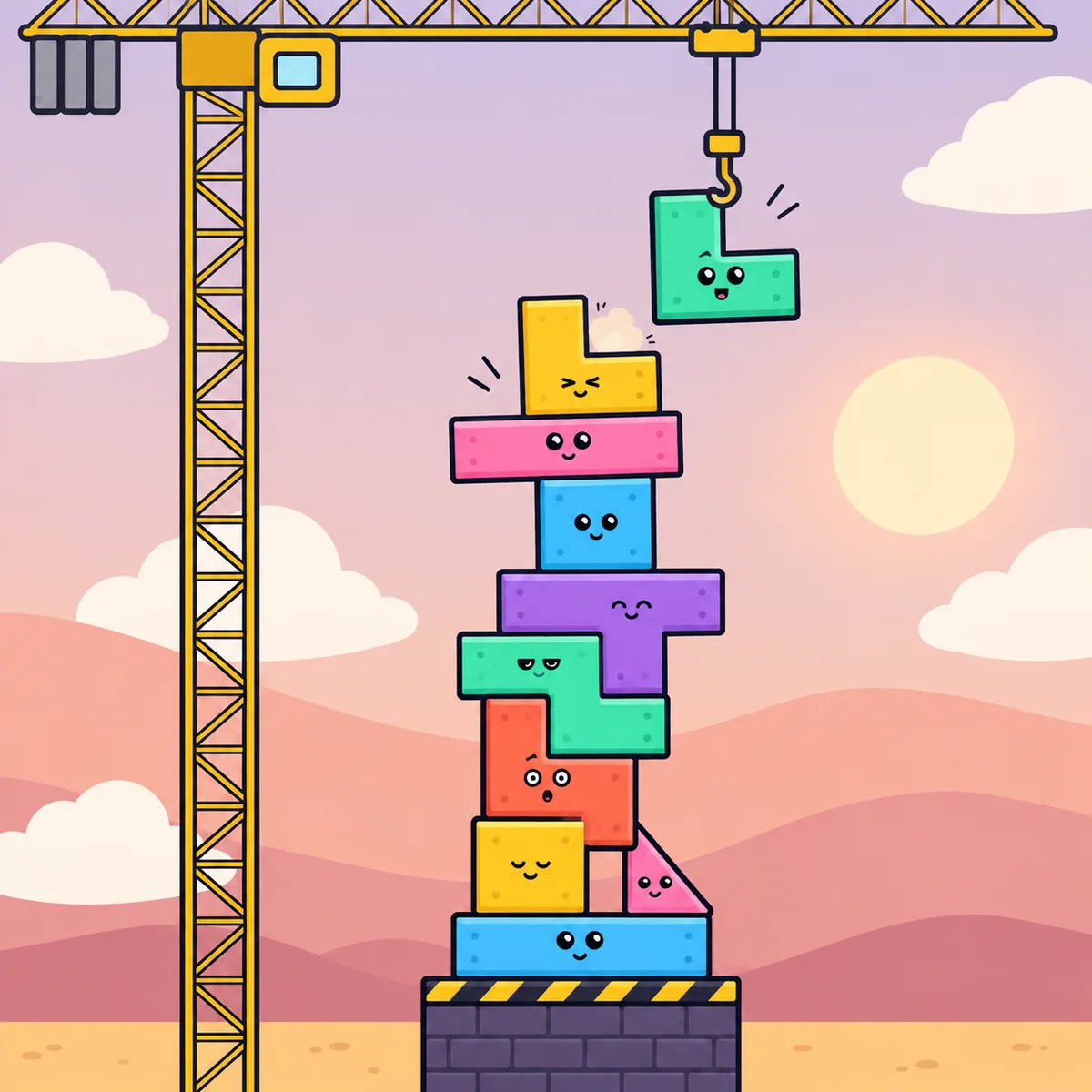 Clunk Tower key art: a wobbly tower of face-blocks under a crane