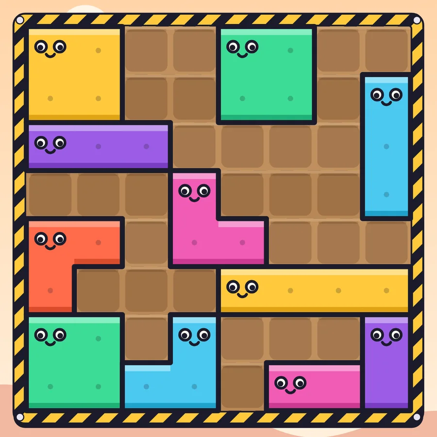 Clunk Puzzle: a board of face-blocks with a few gaps left