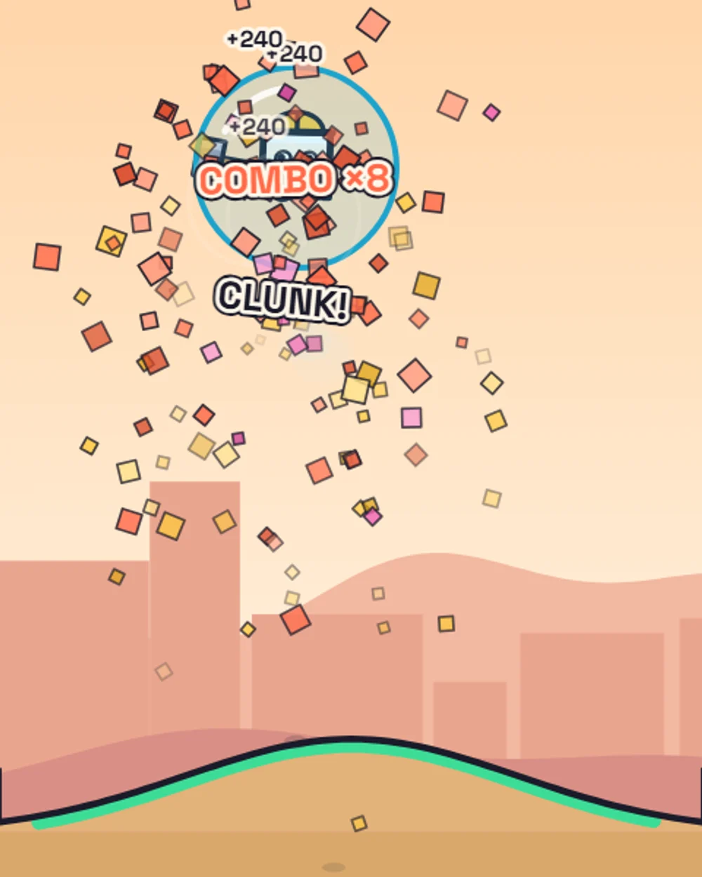 Clunk Smash game screen: blocks bursting into pieces around the hero, with COMBO ×8