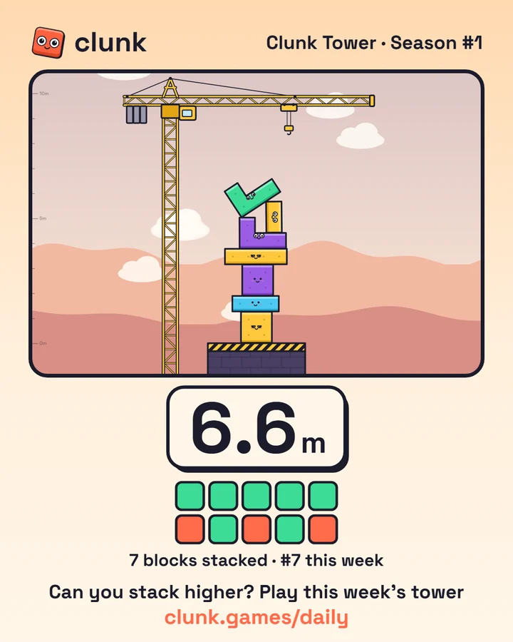 Example result image: the finished tower, its height, this week's rank and the block grid